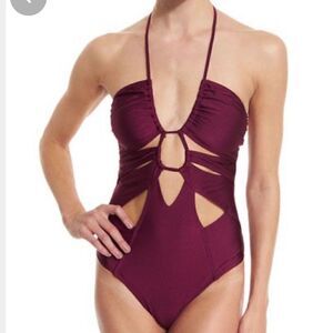 SUBOO BURGUNDY CUT OUT HALTER ONE PIECE SWIMSUIT